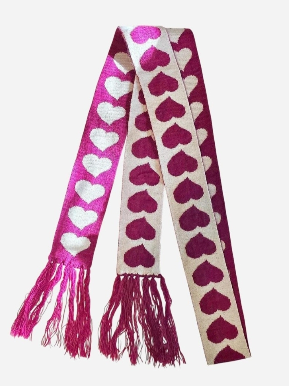 Reversible Pink Heart Knit Skinny Scarf w/Tassels Adorable Coquette